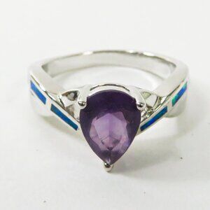 Silver Ring Size 8 Blue Lab Fire Opal Inlay 8mm * 6mm Amethyst - New Old Stock